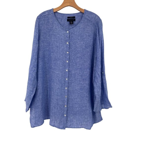 Tahari Womens 100% Linen Top tunic Blue size 2X plus roll tab sleeve lagenlook - Picture 1 of 3